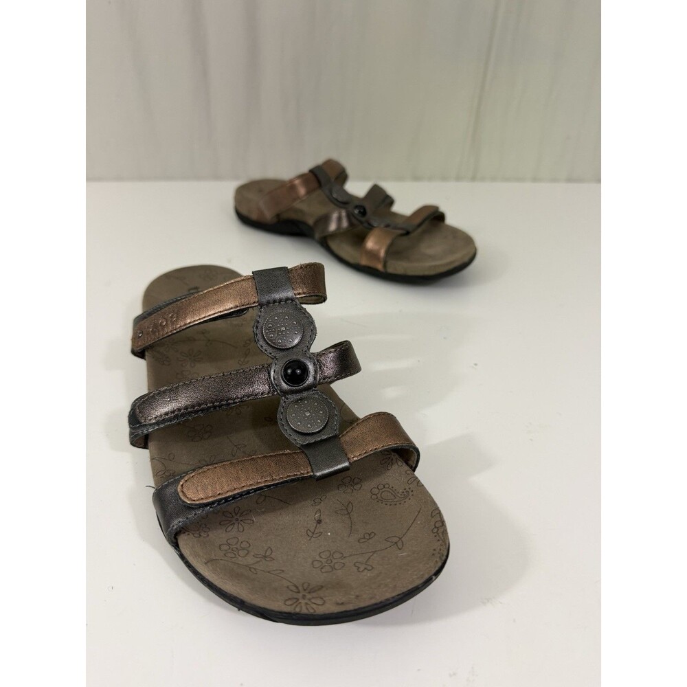 Taos Prize Pewter Copper Metallic Sandals Sz 9 Three Strap Adjustable Women’s